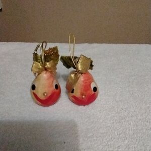 2 1950 - 1960 Anthpomorphic Paper Mache Festive Pear Ornaments with Gold Bows